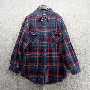 Dickies Shirt Mens XL Navy Blue Red Plaid Button Up Flannel Heavyweight‎ Pockets